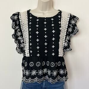 Monograph Floral Eyelet Embroidered Ruffle Sleeveless Top Black Crochet Medium